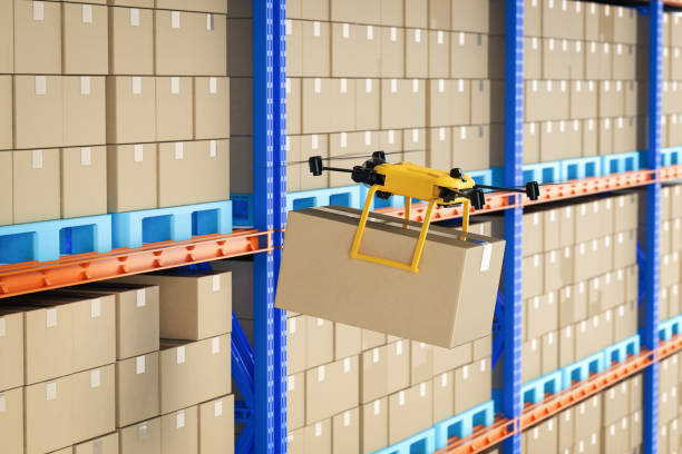 istock Automation warehouse concept with delivery drone holding cardboard box 1401067183