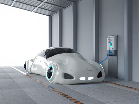 3d rendering driverless car or autonomous car plug in with ev charging station