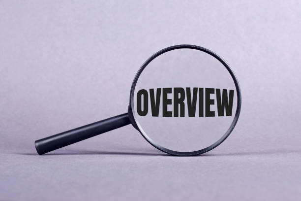 istock Overview word. Summary and recap concept. Magnifying glass on light velvet background 1401067469