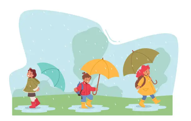 Vector illustration of Happy Kids Run under Umbrella, Baby Boys and Girls Characters Walking at Rainy Weather, Jump and Run by Puddles in Park