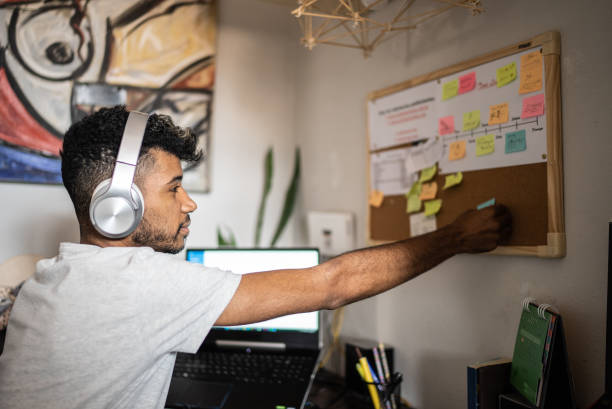 Young man organizing ideas and posting them at home