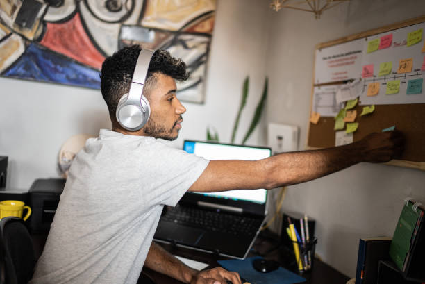 istock Young man organizing ideas and posting them at home 1401069346