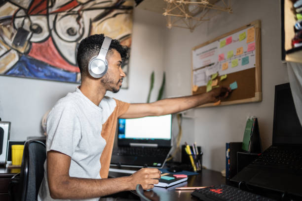 Young man organizing ideas and posting them at home