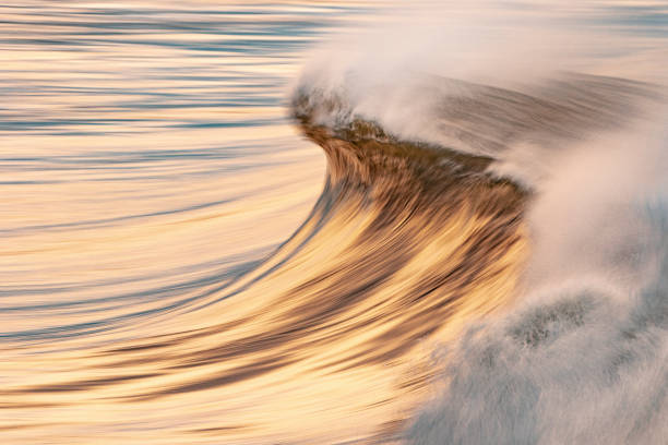istock Smooth golden ocean wave reflecting a bright sky during sunset at the beach 1401072059