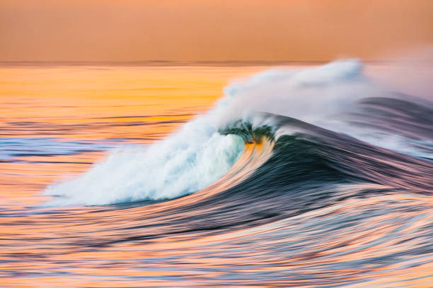 istock Smooth golden ocean wave reflecting a bright sky during sunset at the beach 1401072723