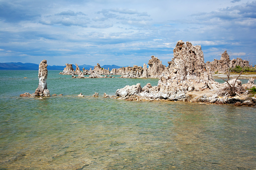 Large limestone towers rise from the water, caused by a very high level of saline.