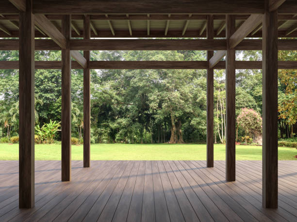 istock Modern contemporary terrace with wooden structure overlooking the greenery 1401082538