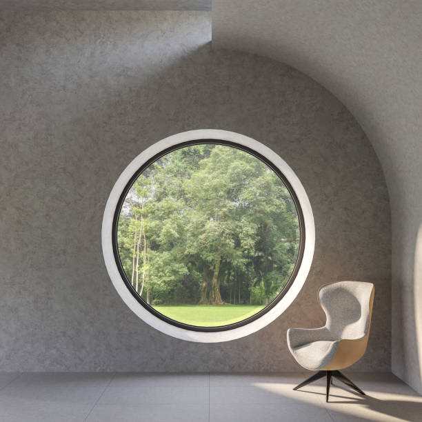 istock Modern loft style living room with circle shape window 3d render 1401082551