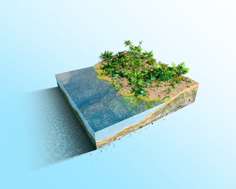 Floating piece of tropical jungle seaside land. 3d rendering of fantasy piece with natural greens.