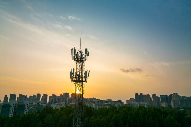 istock Aerial view of telecommunication tower at sunset 1401085724