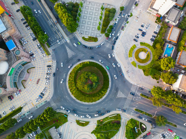 Aerial view of urban circular transportation crossroads stock photo