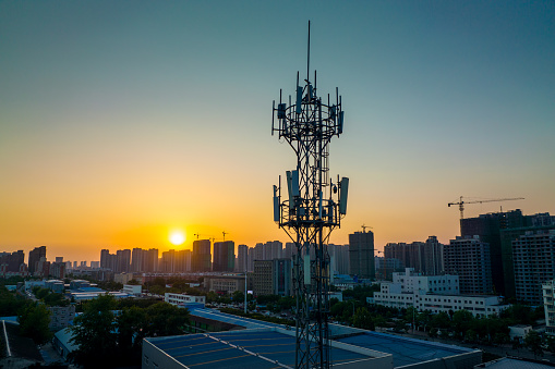 istock Aerial view of telecommunication tower at sunset 1401086372