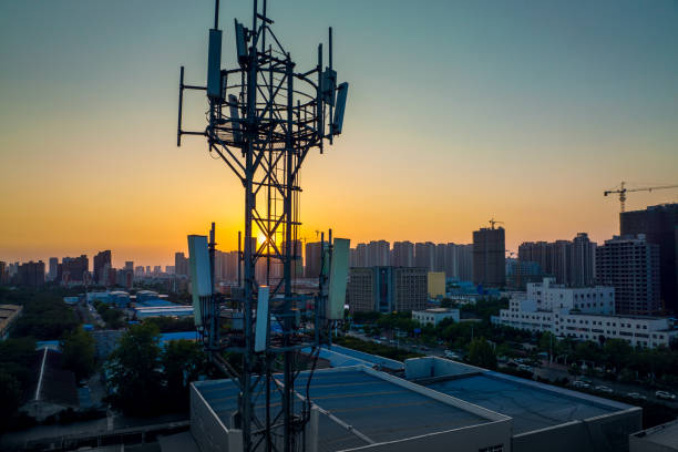 istock Aerial view of telecommunication tower at sunset 1401086373