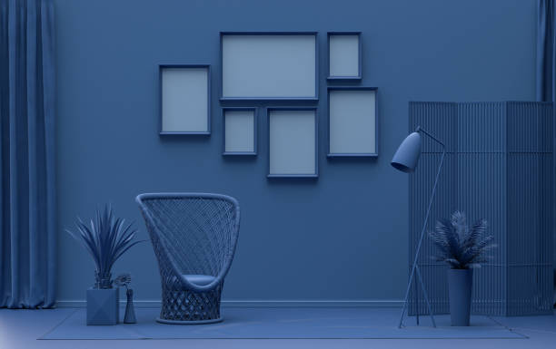 istock Poster frame background room in flat dark blue color with 6 frames, poster frame mock-up 1401087319