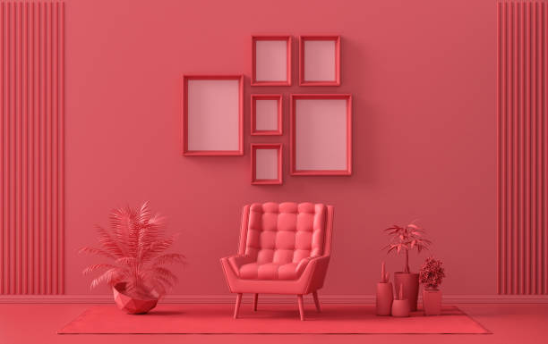 istock Mock-up poster gallery wall with six frames in solid pastel dark red, maroon room and plants 1401087332