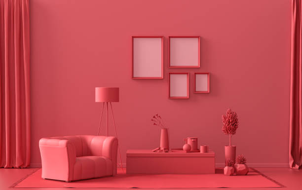 istock Interior room in plain monochrome red, 4 monochrome frames  on the wall, Gallery wall 1401087432
