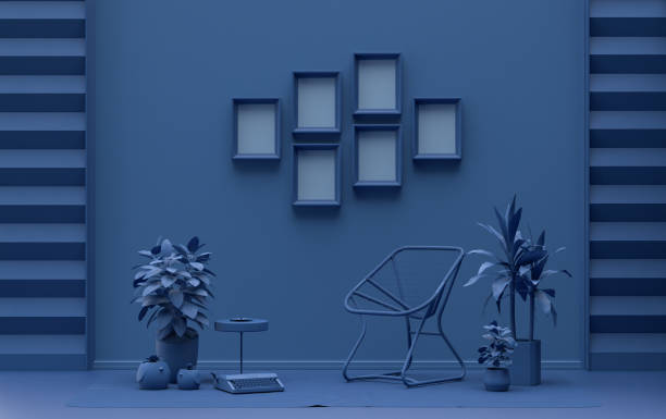 istock Poster frame background room in flat dark blue color with 6 frames, poster frame mock-up 1401087485