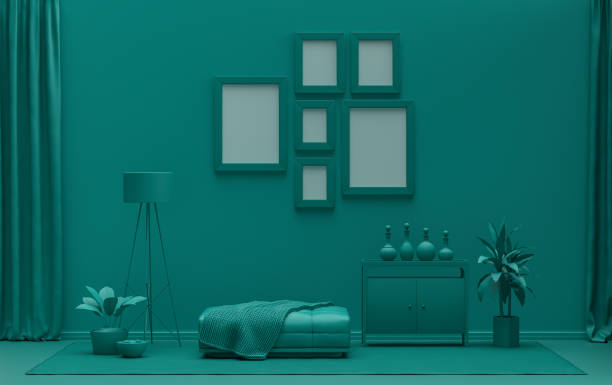 istock Mock-up poster gallery wall with six frames in solid pastel dark green room 1401088048