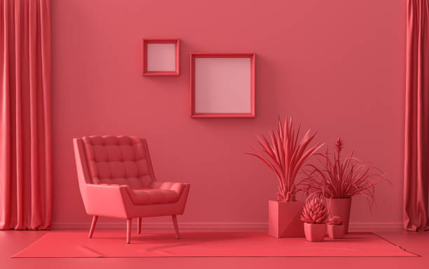 istock Gallery wall with 2 frames, in single dark red room and plants 1401088068