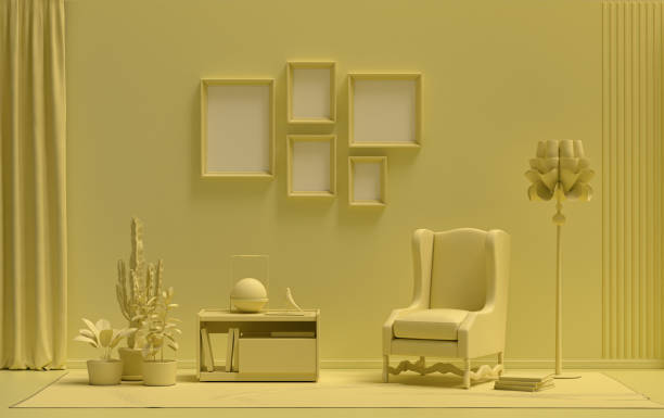 istock Flat color interior room for poster showcase with 5 frames, monochrome yellow gallery wall 1401088072
