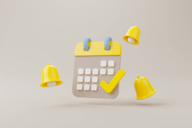 istock Yellow notification bell ringing and calendar deadline on brown background. 3d rendering illustration 1401089686