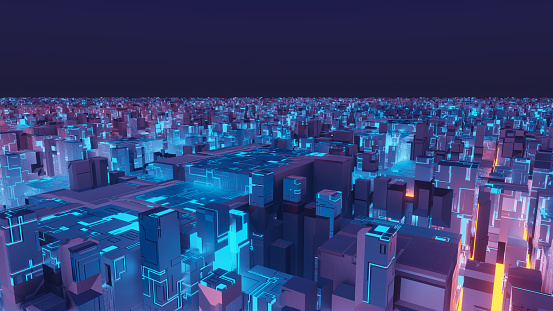 3D rendering of Abstract Cyberpunk Neon City.