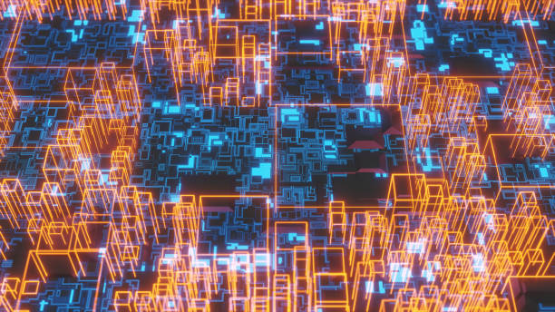 istock 3D rendering macro shot of abstract motherboard and wireframe of cube chips, small depth of field 1401091375