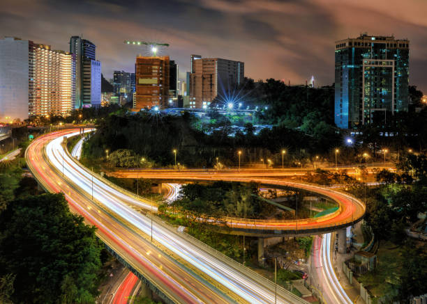 istock Car Light Trails of Tsuen Tsing Interchange and Tsuen Wan Road 1401092787