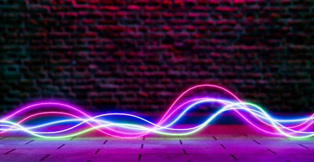 istock Neon light line on walking street and brick wall 1401092896