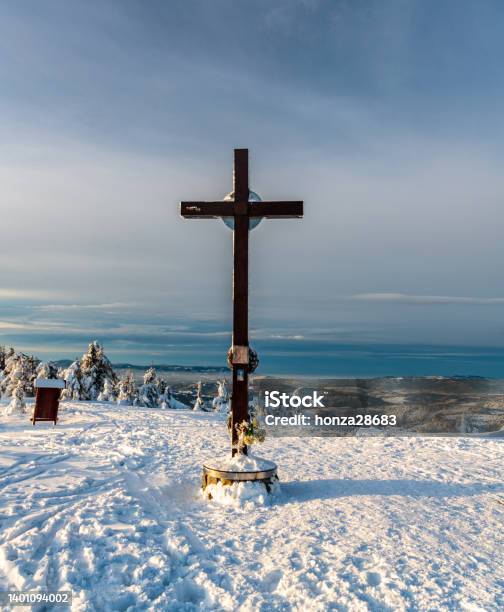 Cross On Velka Raca Hill Summit In Winter Kysucke Beskydy Mountains On Slovakian Polish Borders Stock Photo - Download Image Now