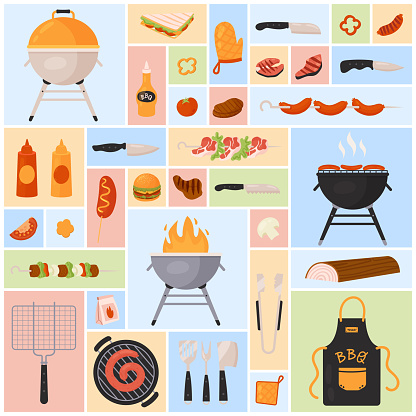 BBQ set vector illustration. Cartoon meat and vegetables barbecue food with sauces, fork knife and skewer tools and grill equipment in square collage background. Picnic, summer party meals concept
