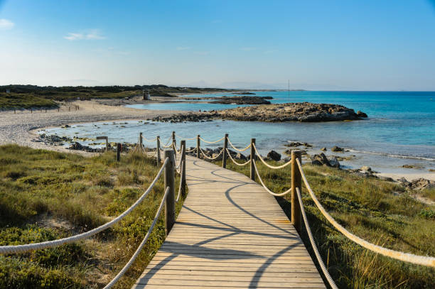 es trucadors beach, formentera, spanien - insel formentera stock-fotos und bilder