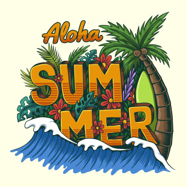夏のテキスト装飾自然熱帯ベクターイラスト - text surfing surf palm tree点のイラスト素材／クリップアート素材／マンガ素材／アイコン素材