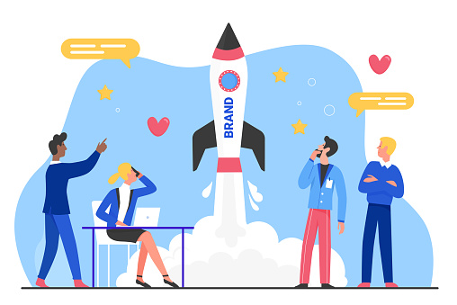Brand creative product launching, marketing service for business startup. Cartoon tiny characters work and launch rocket into space, beginning new campaign flat vector illustration. Enterprise concept