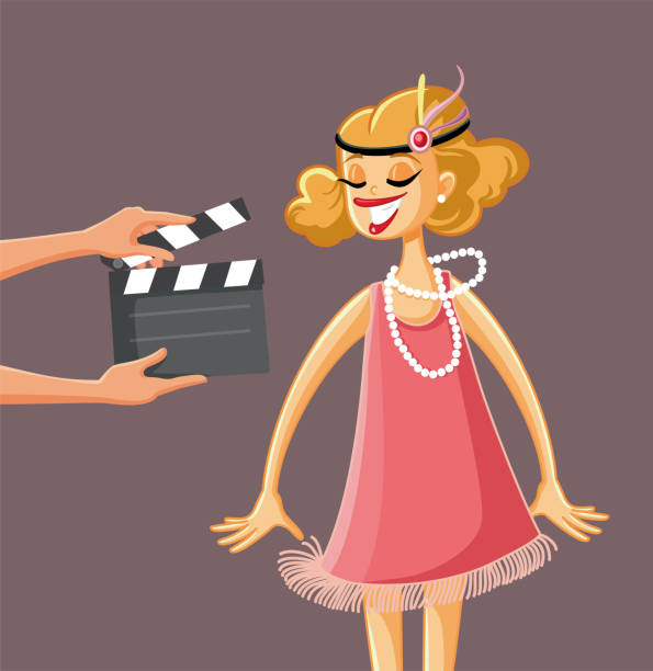 illustrations, cliparts, dessins animés et icônes de film vintage mettant en vedette une illustration de dessin animé vectoriel flapper girl - staring