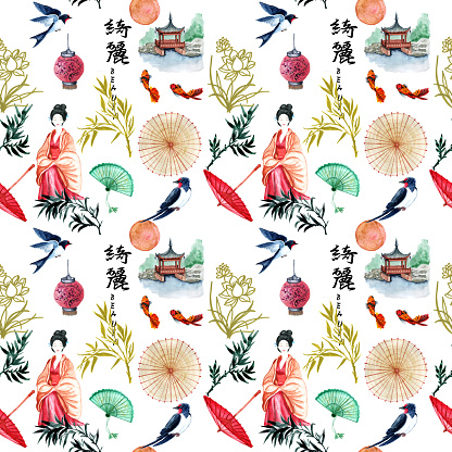 Seamless pattern nature of Asia birds,bamboo,sakura.Hand-drawn watercolor seamless pattern with white Japanese dancing cranes.