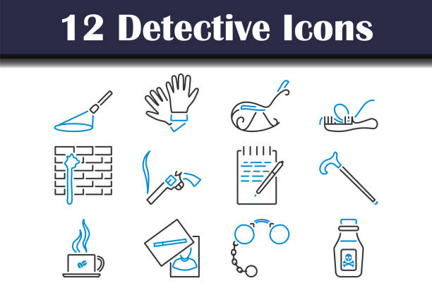 ilustrações, clipart, desenhos animados e ícones de conjunto de ícones de detetive - crime flashlight detective symbol