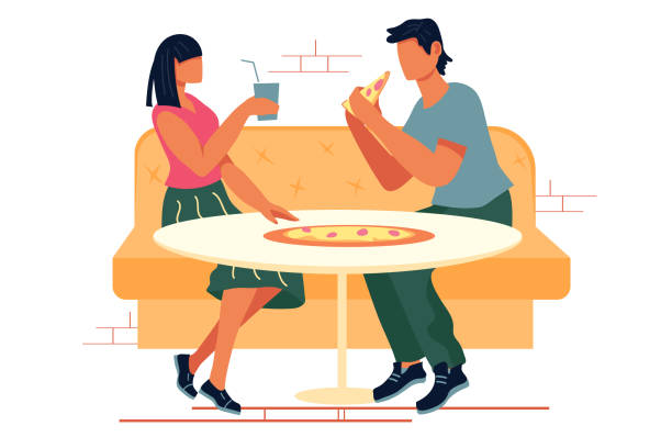 ilustrações de stock, clip art, desenhos animados e ícones de man and woman eating pizza in pizzeria cafe or fast food restaurant, flat vector. - desperdício alimentar