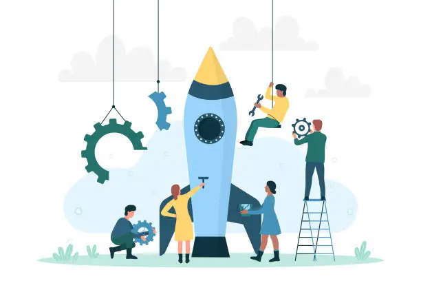Vector illustration of Rocket launch, teamwork of business people on new product startup, investment project
