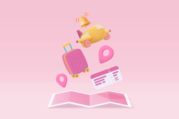 istock 3D suitcase with identity passport and flight plane travel tourism trip planning. Tourism plane trip planning world tour with travel bag on holiday summer concept. 3d icon vector render illustration 1401106971