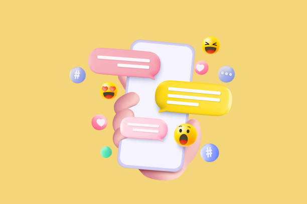 istock 3D minimal social media with emoji, hashtag, speech on mobile hand holding, interface optimization for banner and website for mockup mobile phone concept. 3d social network vector render illustration 1401107182