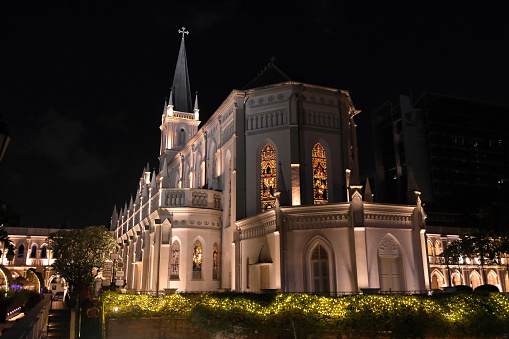 Chijmes by night, a historic building complex in Singapore, which began life as a Catholic convent known as the Convent of the Holy Infant Jesus. \nThe complex has been restored in 1996 for commercial purposes as a dining, shopping and entertainment centre with ethnic restaurants, shops and a function hall.