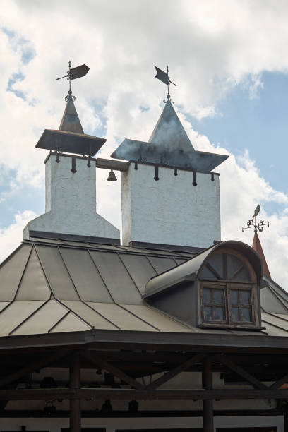 istock Chimneys with weathercocks on the roof 1401110469