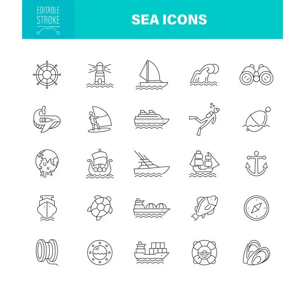 Vector illustration of Sea Icons Editable Stroke. Contains such icons as Nautical Vessel, Fishing Industry, Sailor, Lighthouse, Wheel