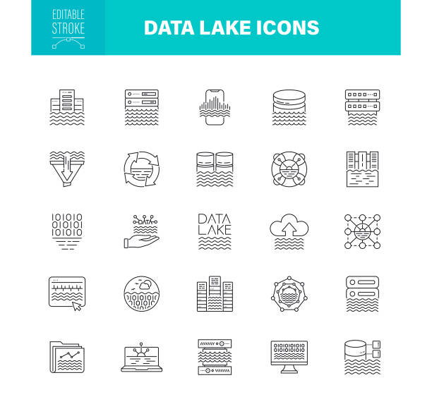 데이터 레이크 아이콘 편집 가능한 스트로크. 데이터 흐름, 클라우드 컴퓨팅, 데이터 분석, 데이터 센터와 같은 아이콘이 들어 있습니다. - lake stock illustrations