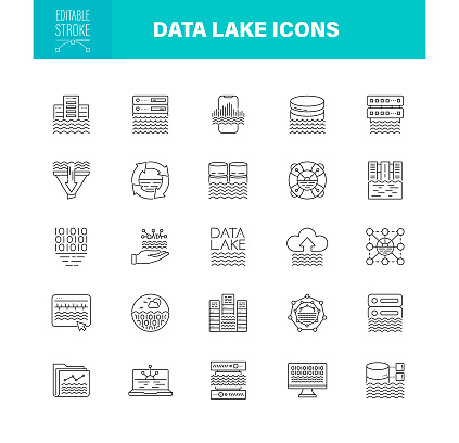 Data lake icon set. Data storage, data strategy line illustration. Structured and unstructured data. Editable Stroke