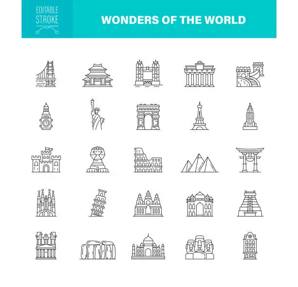 Vector illustration of Wonder of The World Icons Editable Stroke. The set contains icon as Travel Landmark, Famous Place, Europe, International Landmark