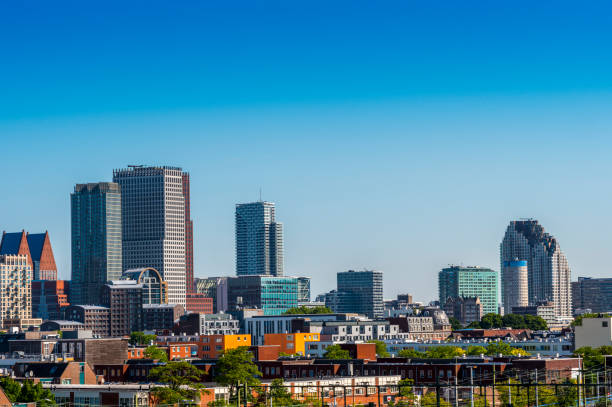 Impression of the skyline of The Hague, Holland, The Netherlands, featuring a cluster of modern buildings in the downtown commercial district