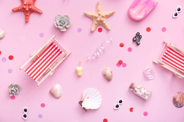 istock Accessories for beach holidays - deck chairs, umbrellas, ice cream top view. Beach party concept 1401113704