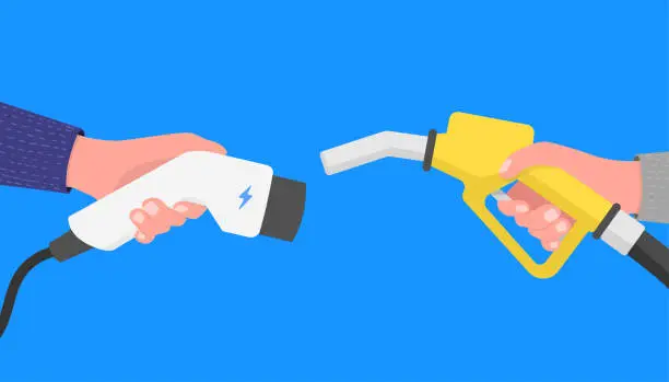 Vector illustration of Hand holding gas pump and power connector for refuel.
